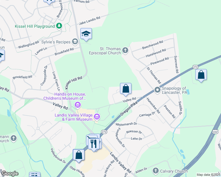 map of restaurants, bars, coffee shops, grocery stores, and more near 851 Valley Road in Lancaster