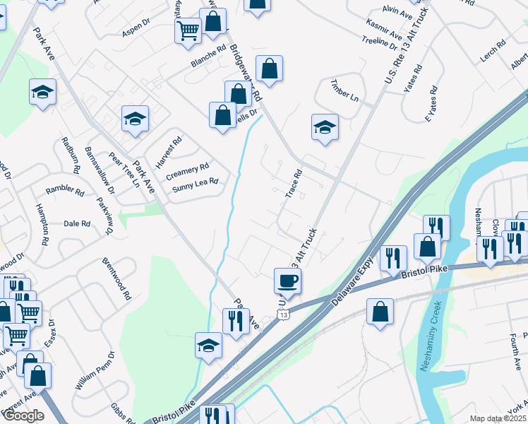 map of restaurants, bars, coffee shops, grocery stores, and more near 1124 Sheffield Court in Bensalem