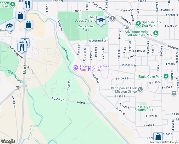 map of restaurants, bars, coffee shops, grocery stores, and more near 654 Scenic Drive in Spanish Fork