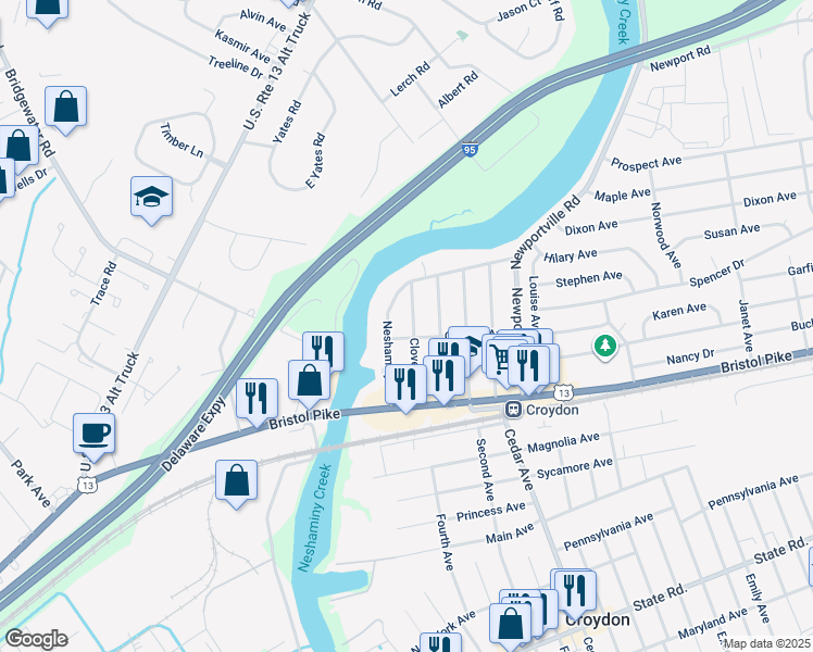 map of restaurants, bars, coffee shops, grocery stores, and more near 209 Clover Avenue in Croydon