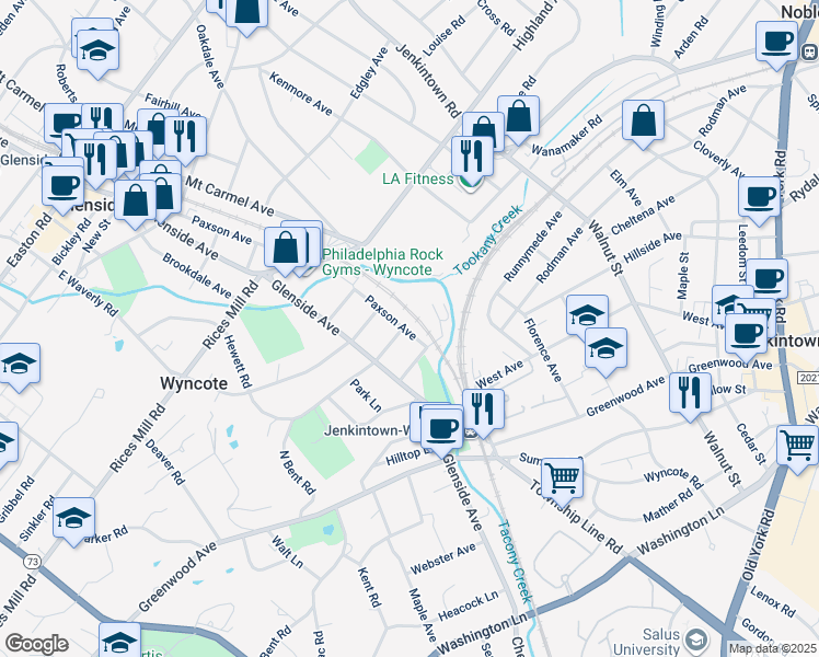 map of restaurants, bars, coffee shops, grocery stores, and more near 619 Paxson Avenue in Wyncote
