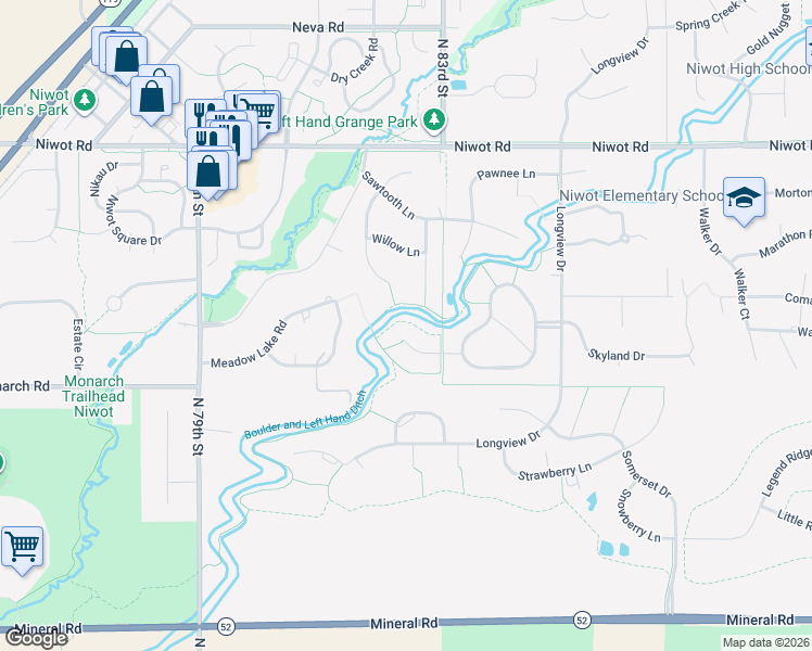 map of restaurants, bars, coffee shops, grocery stores, and more near 104 Greenwood Drive in Niwot