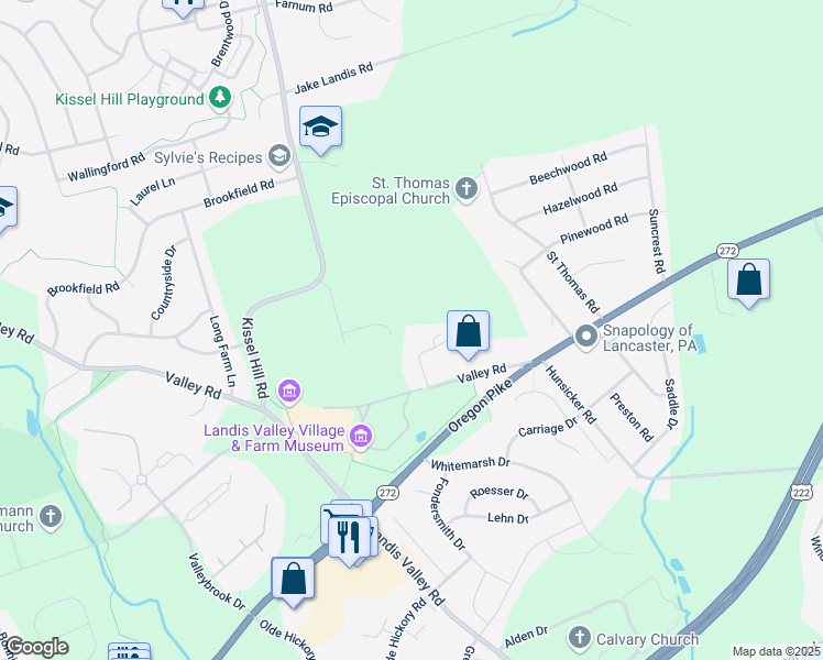 map of restaurants, bars, coffee shops, grocery stores, and more near 851 Valley Road in Lancaster