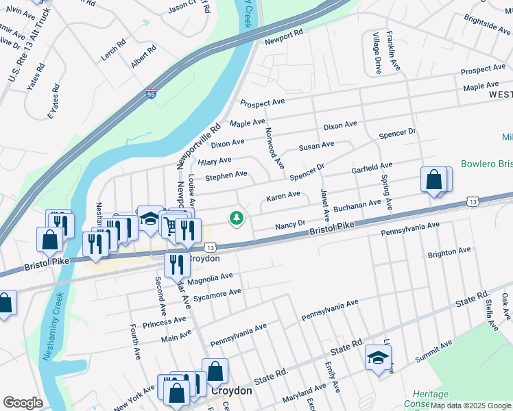 map of restaurants, bars, coffee shops, grocery stores, and more near 1103 Karen Avenue in Croydon