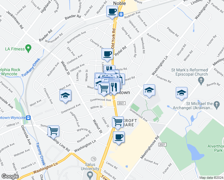 map of restaurants, bars, coffee shops, grocery stores, and more near 409 York Road in Jenkintown