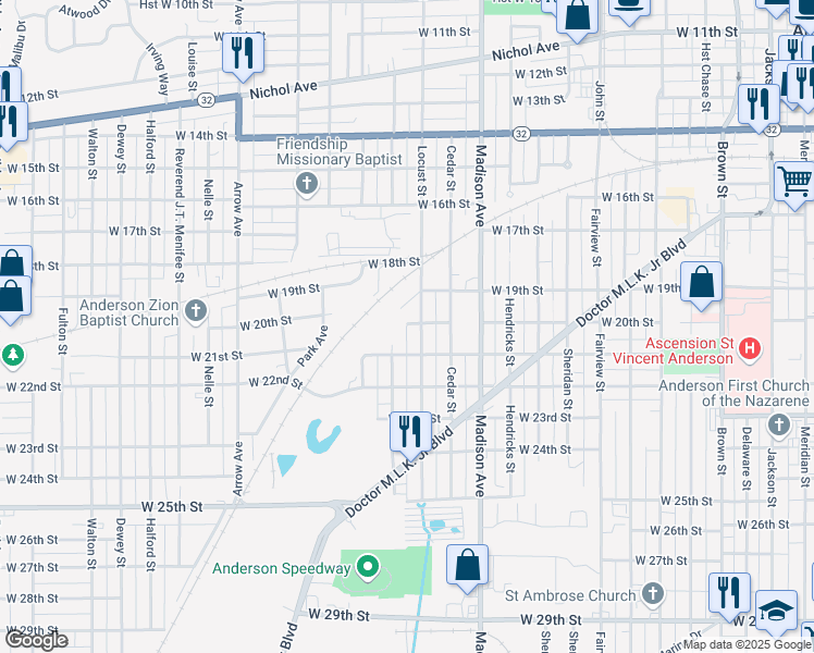 map of restaurants, bars, coffee shops, grocery stores, and more near in Anderson