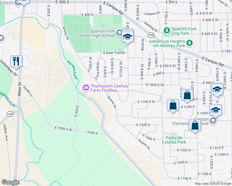 map of restaurants, bars, coffee shops, grocery stores, and more near 723 East 1050 South in Spanish Fork