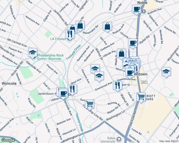map of restaurants, bars, coffee shops, grocery stores, and more near 206 Hillside Avenue in Jenkintown
