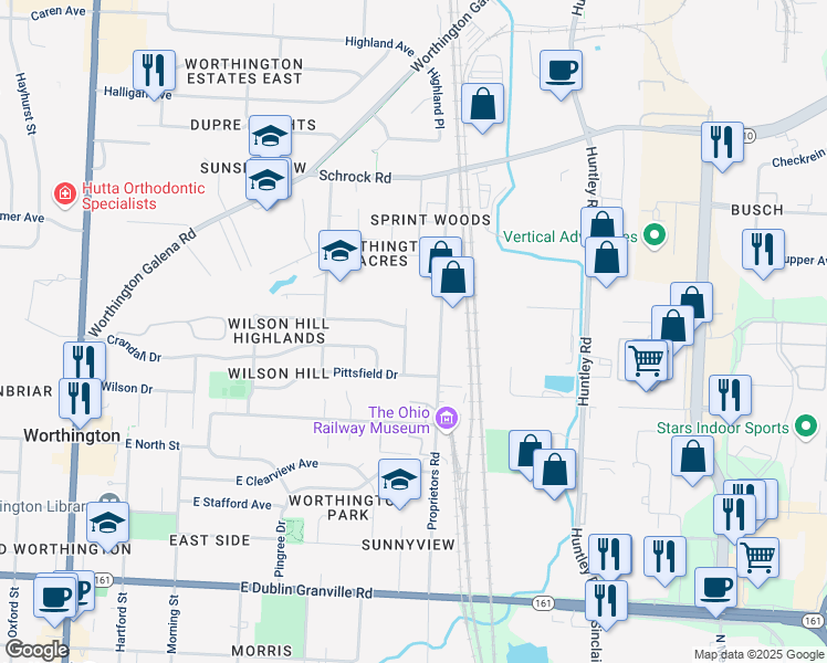 map of restaurants, bars, coffee shops, grocery stores, and more near 6381 Proprietors Road in Columbus