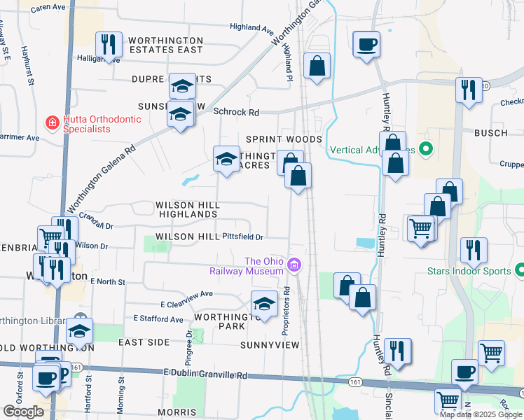 map of restaurants, bars, coffee shops, grocery stores, and more near 1171 Eastfield Road in Worthington