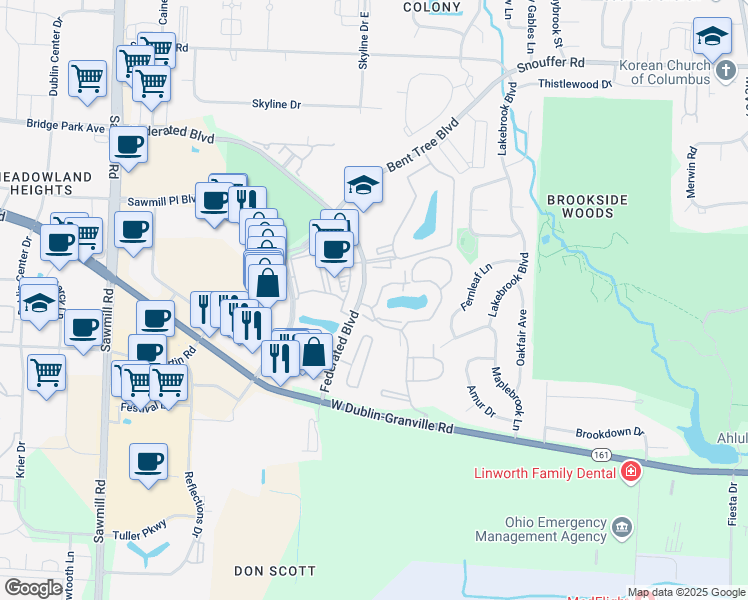 map of restaurants, bars, coffee shops, grocery stores, and more near 6850 Meadow Creek Drive in Columbus