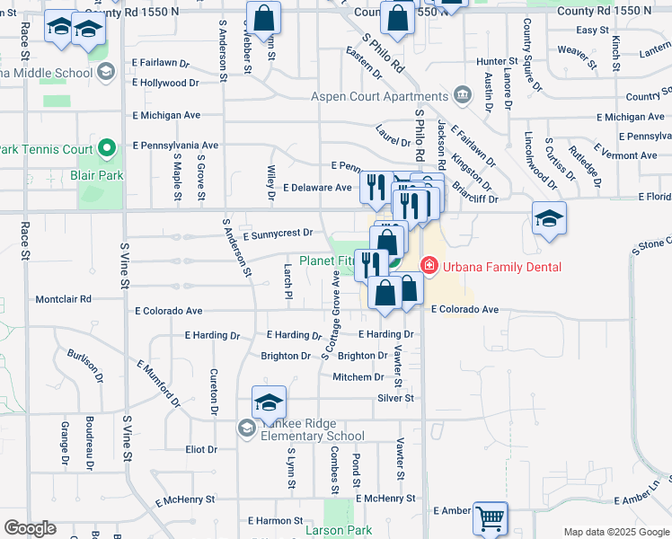 map of restaurants, bars, coffee shops, grocery stores, and more near 1003 East Burkwood Drive in Urbana
