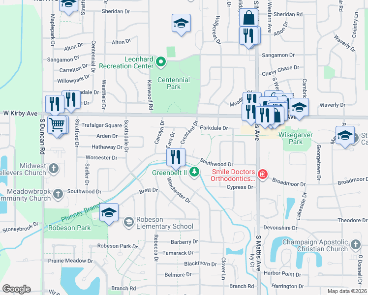 map of restaurants, bars, coffee shops, grocery stores, and more near 1708 Crescent Drive in Champaign