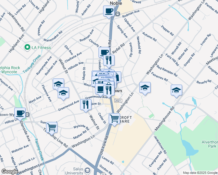 map of restaurants, bars, coffee shops, grocery stores, and more near 409 York Road in Jenkintown
