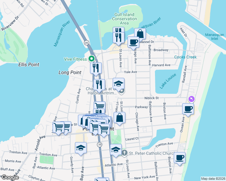 map of restaurants, bars, coffee shops, grocery stores, and more near 429 Yale Avenue in Point Pleasant Beach