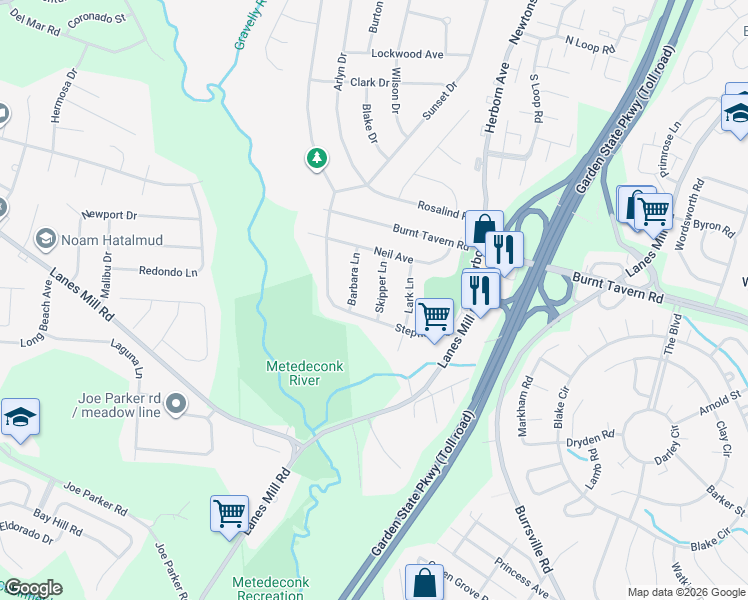 map of restaurants, bars, coffee shops, grocery stores, and more near 16 Skipper Lane in Brick Township