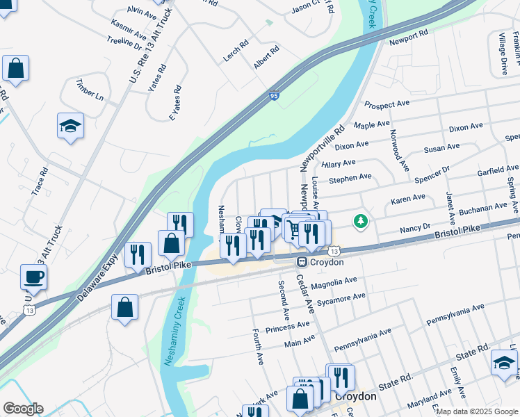 map of restaurants, bars, coffee shops, grocery stores, and more near 206 Hillcrest Avenue in Croydon