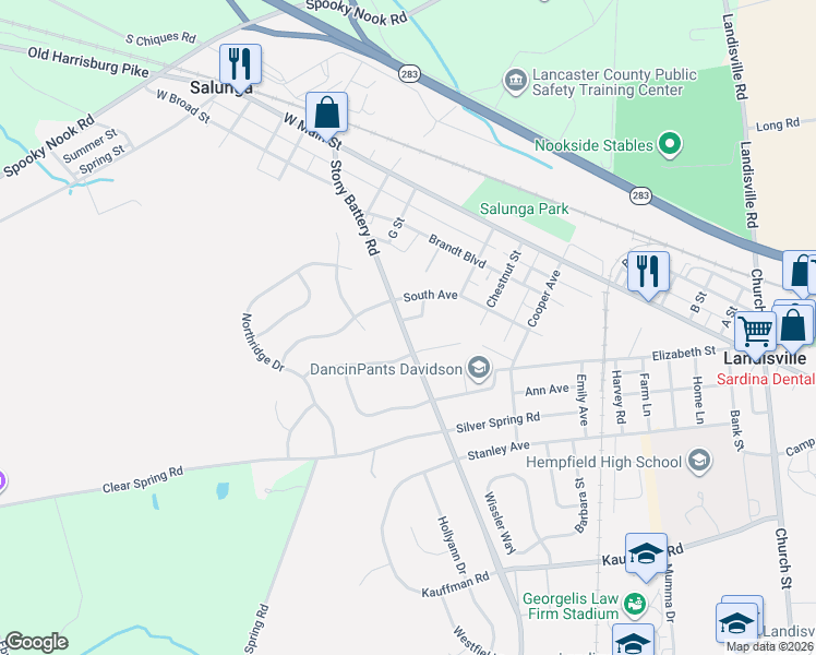map of restaurants, bars, coffee shops, grocery stores, and more near 200 Stony Battery Road in Salunga-Landisville