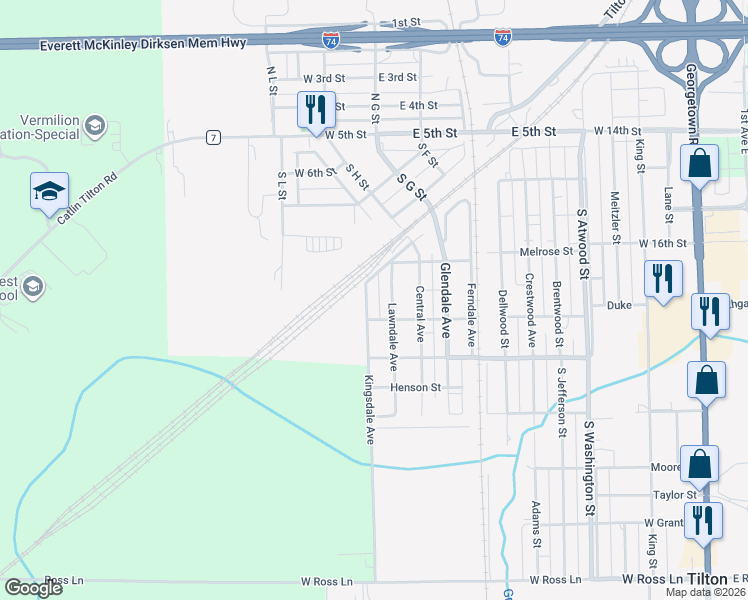 map of restaurants, bars, coffee shops, grocery stores, and more near 600-798 Kingsdale Avenue in Tilton