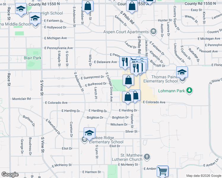 map of restaurants, bars, coffee shops, grocery stores, and more near 1003 East Burkwood Drive in Urbana