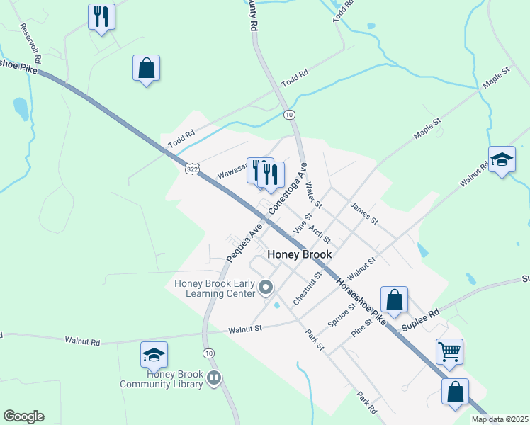 map of restaurants, bars, coffee shops, grocery stores, and more near 4711 U.S. 322 in Honey Brook