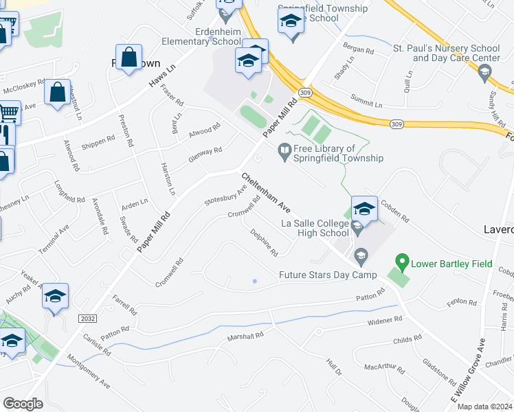 map of restaurants, bars, coffee shops, grocery stores, and more near 1412 Cromwell Road in Wyndmoor