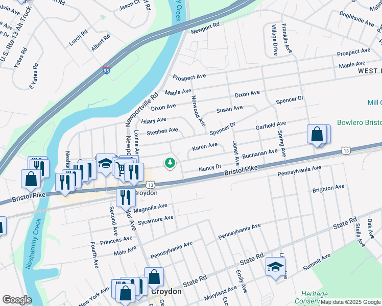 map of restaurants, bars, coffee shops, grocery stores, and more near 1102 Karen Avenue in Croydon