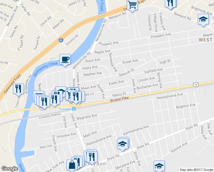 map of restaurants, bars, coffee shops, grocery stores, and more near 1102 Karen Avenue in Croydon