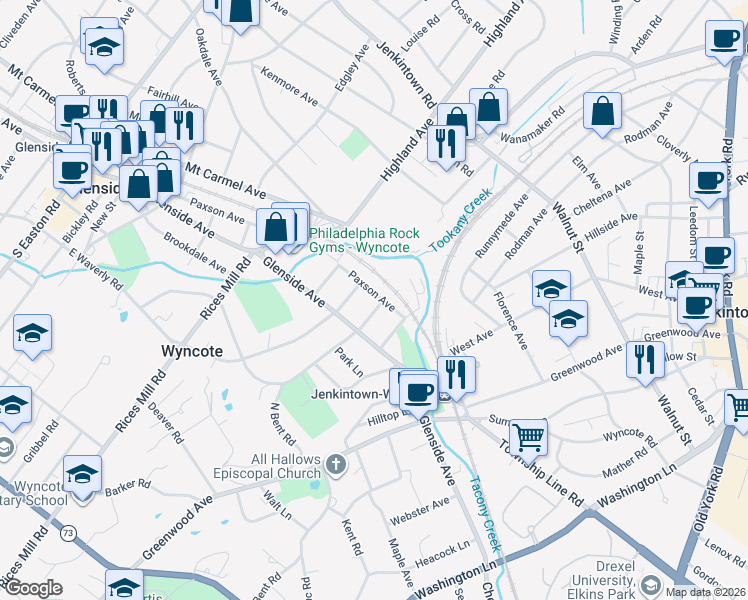 map of restaurants, bars, coffee shops, grocery stores, and more near 709 Paxson Avenue in Wyncote