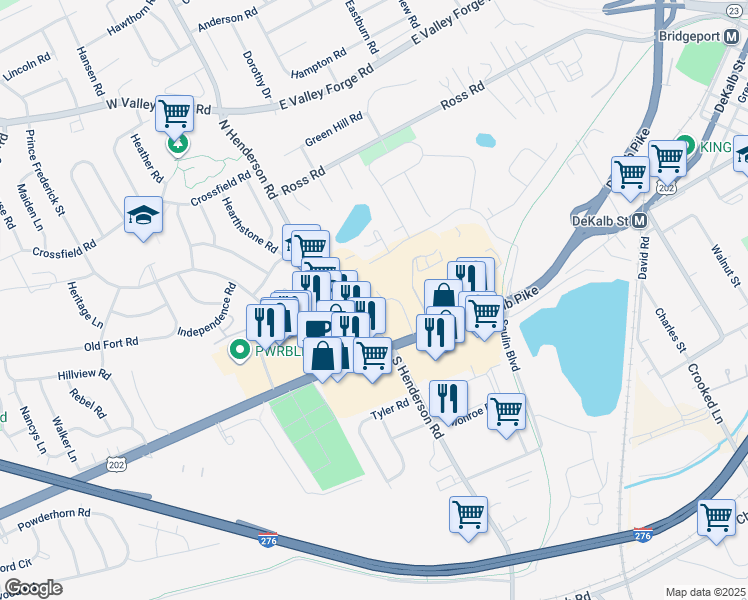 map of restaurants, bars, coffee shops, grocery stores, and more near 148 Ivy Lane in King of Prussia