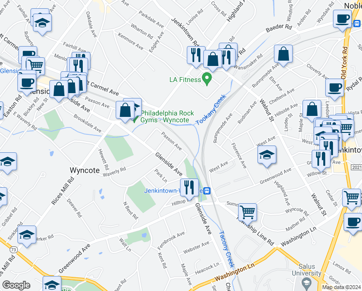 map of restaurants, bars, coffee shops, grocery stores, and more near 619 Paxson Avenue in Wyncote