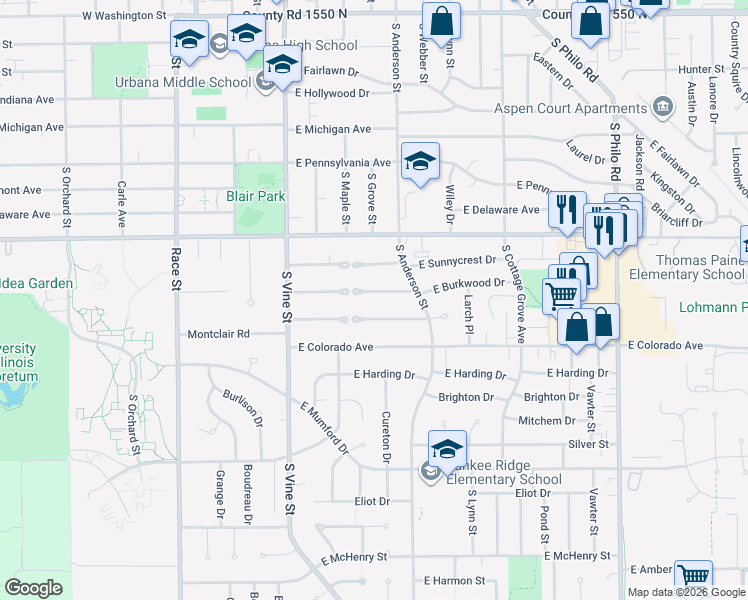 map of restaurants, bars, coffee shops, grocery stores, and more near 506 Burkwood Court East in Urbana