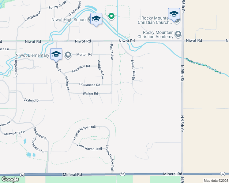 map of restaurants, bars, coffee shops, grocery stores, and more near 6700 Paiute Avenue in Niwot