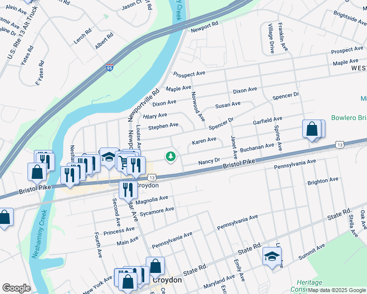 map of restaurants, bars, coffee shops, grocery stores, and more near 1103 Karen Avenue in Croydon