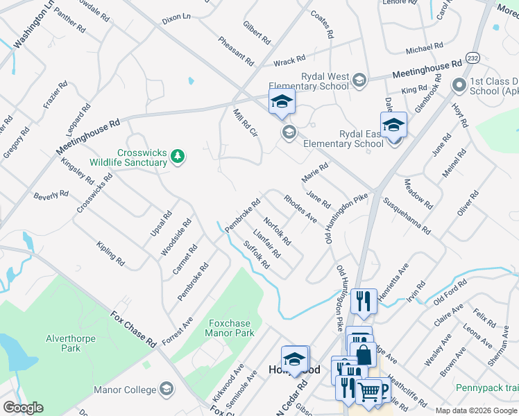 map of restaurants, bars, coffee shops, grocery stores, and more near 832 Clarendon Road in Jenkintown