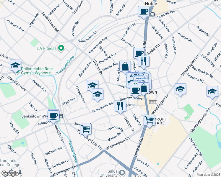 map of restaurants, bars, coffee shops, grocery stores, and more near 350 Walnut Street in Jenkintown