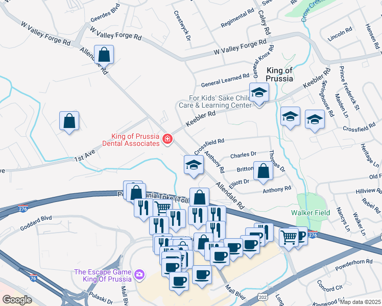 map of restaurants, bars, coffee shops, grocery stores, and more near 406 Allendale Road in King of Prussia