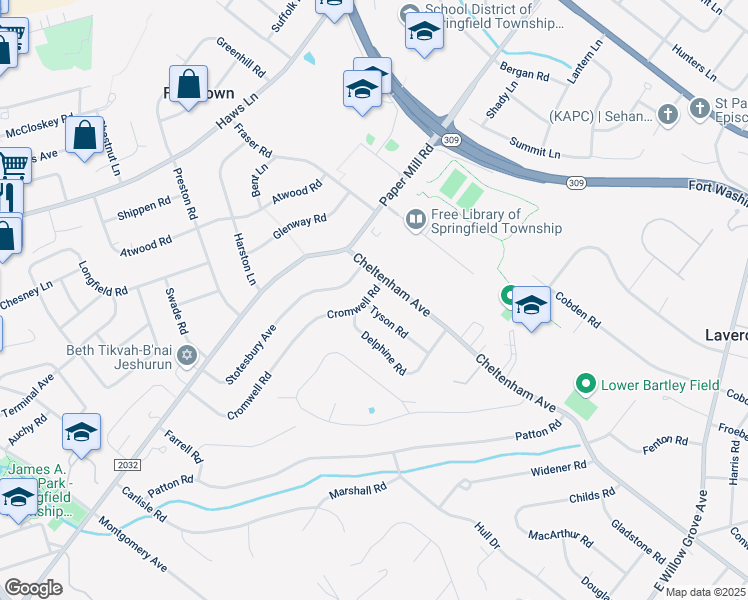 map of restaurants, bars, coffee shops, grocery stores, and more near 1412 Cromwell Road in Wyndmoor
