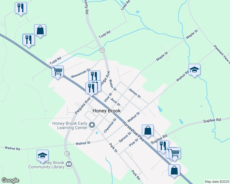 map of restaurants, bars, coffee shops, grocery stores, and more near 610 Vine Street in Honey Brook