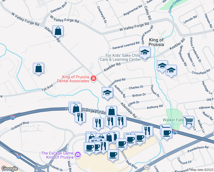 map of restaurants, bars, coffee shops, grocery stores, and more near 406 Allendale Road in King of Prussia