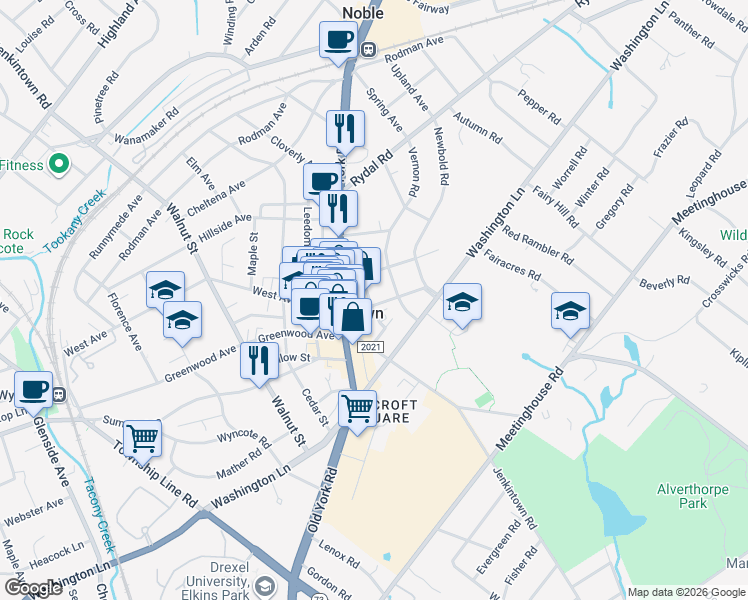 map of restaurants, bars, coffee shops, grocery stores, and more near in Jenkintown