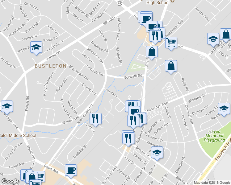 map of restaurants, bars, coffee shops, grocery stores, and more near 1203 Serota Place in Philadelphia