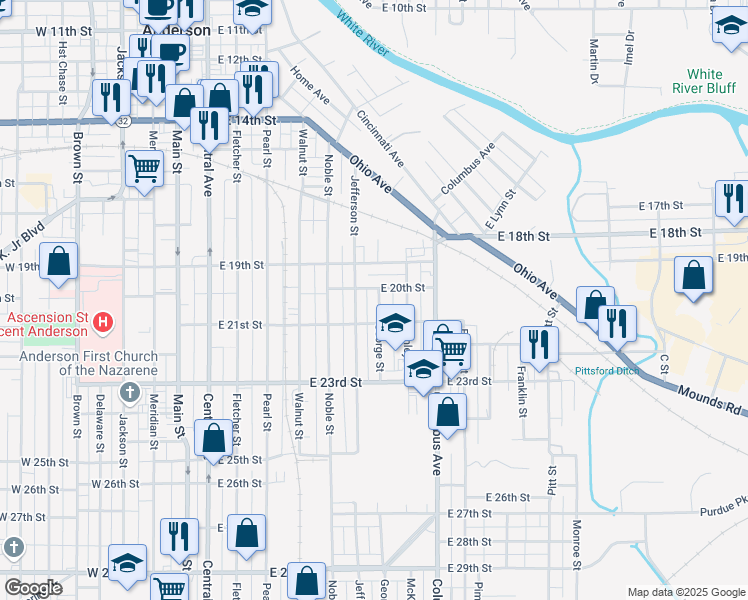 map of restaurants, bars, coffee shops, grocery stores, and more near 2011 George Street in Anderson