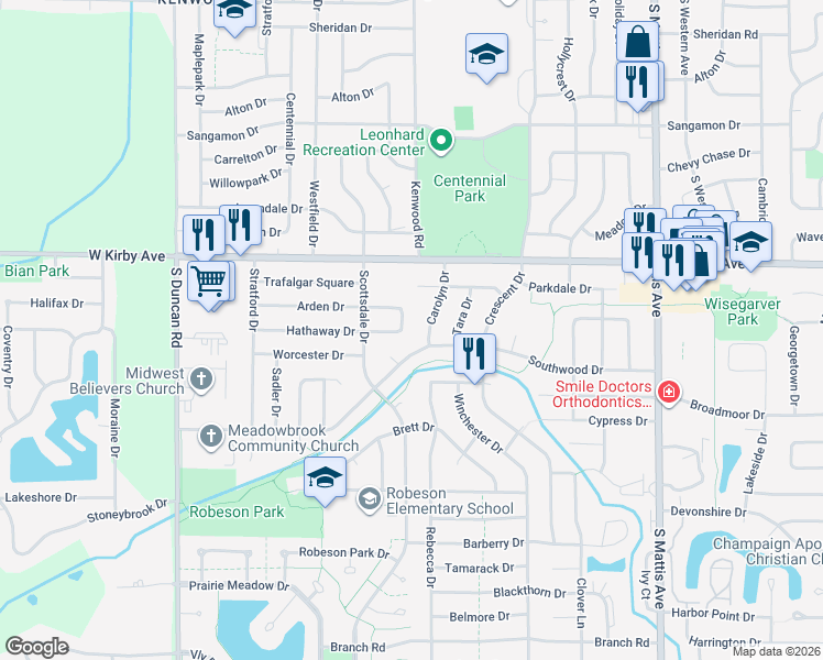 map of restaurants, bars, coffee shops, grocery stores, and more near 1711 Carolyn Drive in Champaign