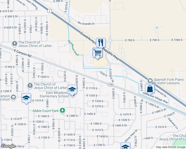 map of restaurants, bars, coffee shops, grocery stores, and more near 2368 1035 South in Spanish Fork
