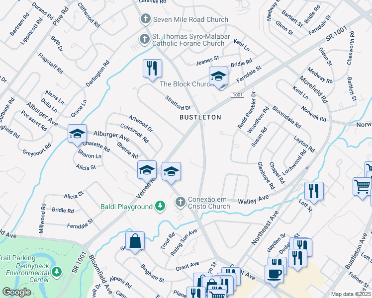 map of restaurants, bars, coffee shops, grocery stores, and more near 9121 Verree Road in Philadelphia