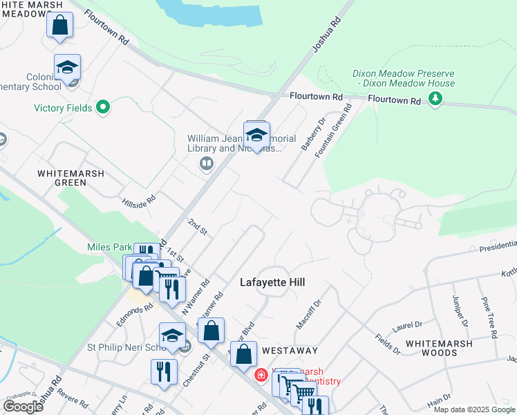 map of restaurants, bars, coffee shops, grocery stores, and more near 4072 Thompson Road in Lafayette Hill