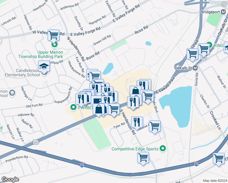 map of restaurants, bars, coffee shops, grocery stores, and more near 148 Ivy Lane in King of Prussia