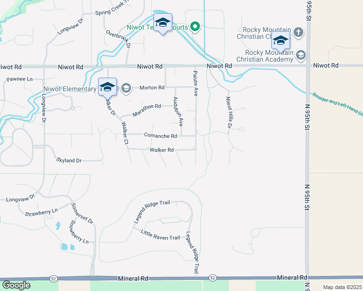 map of restaurants, bars, coffee shops, grocery stores, and more near 9003 Walker Road in Niwot
