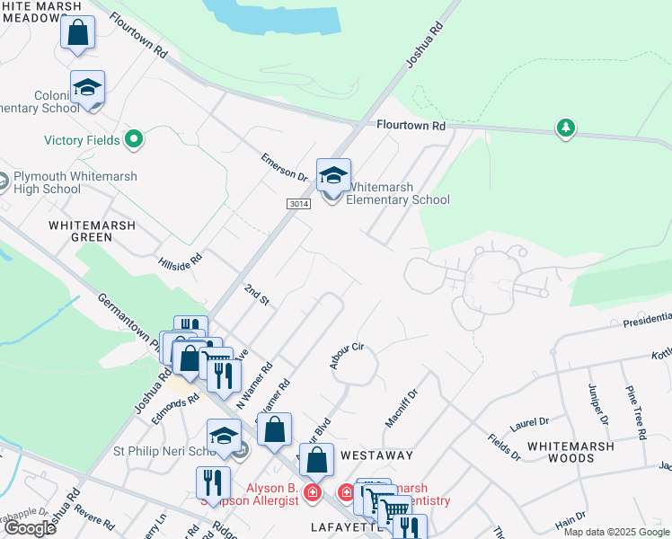 map of restaurants, bars, coffee shops, grocery stores, and more near 4072 Thompson Road in Lafayette Hill